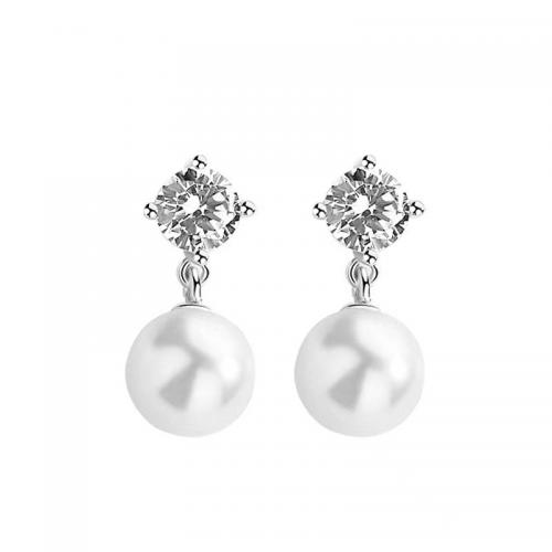 Kubinių Zirconia Mikro Pave sidabro auskarai, 925 Sterling Silver, su Shell Pearl, padengtą, mikro nutiesti kubinių Zirconia & moters, platinos spalva, 18.60x8mm, Pardavė Pora