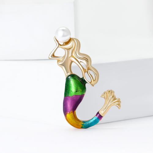 Zinc Alloy Brooches with Plastic Pearl Mermaid gold color plated for woman & enamel mixed colors nickel lead & cadmium free Sold By PC