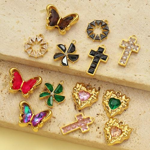 Nerezová ocel Šperky Přívěsky, 304 Stainless Steel, barva pozlacený, DIY & micro vydláždit kubické zirkony & smalt, více barev na výběr, 3PC/Bag, Prodáno By Bag