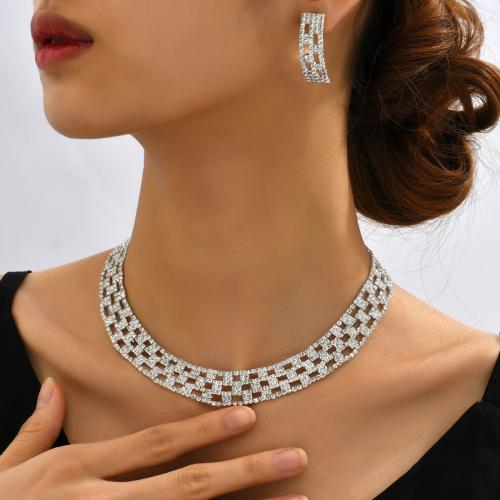 ottone set di gioielli fashion, orecchino & Collana, placcato color argento, 2 pezzi & per la donna & con strass, Venduto da set
