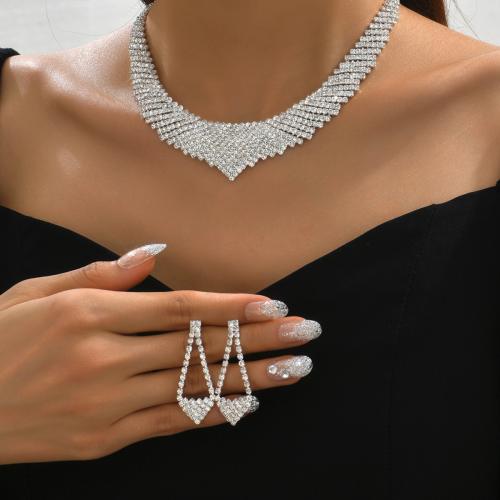 ottone set di gioielli fashion, orecchino & Collana, placcato color argento, 2 pezzi & per la donna & con strass, Venduto da set