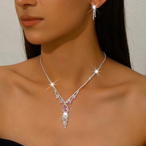 Brass Jewelry Set earring & necklace Teardrop silver color plated 2 pieces & for woman & with cubic zirconia Sold By Set