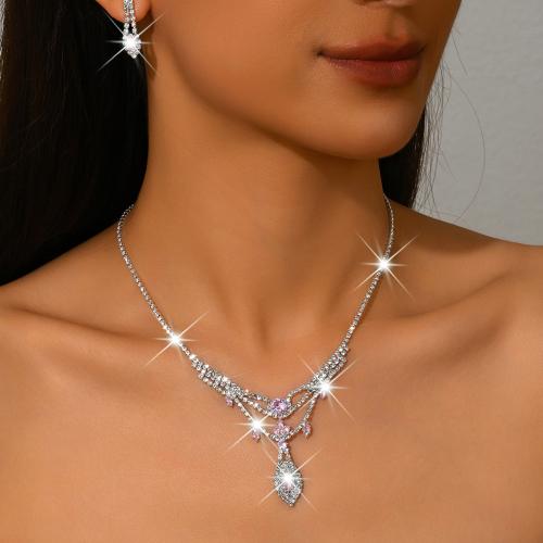 Brass Jewelry Set earring & necklace silver color plated 2 pieces & for woman & with rhinestone Sold By Set