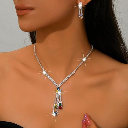 Brass Jewelry Set earring & necklace silver color plated 2 pieces & for woman & with rhinestone Sold By Set