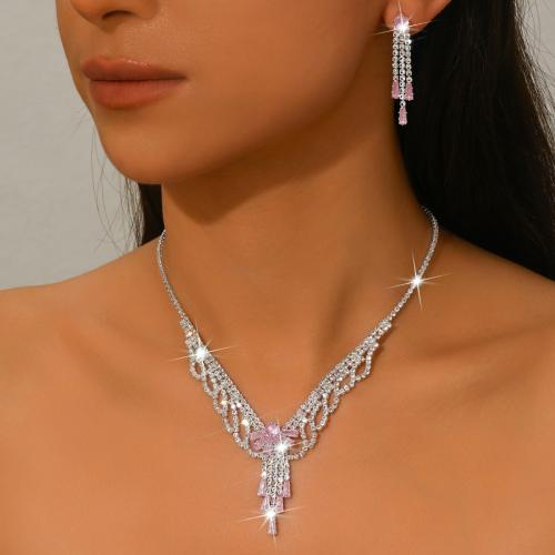 Brass Jewelry Set earring & necklace silver color plated 2 pieces & micro pave cubic zirconia & for woman Sold By Set