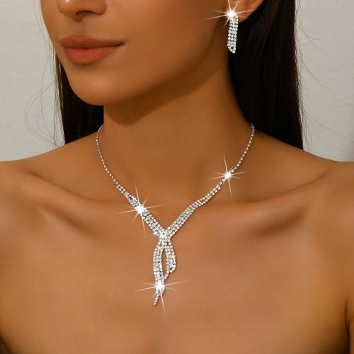 Brass Jewelry Set earring & necklace silver color plated & for woman & with rhinestone Sold By Set