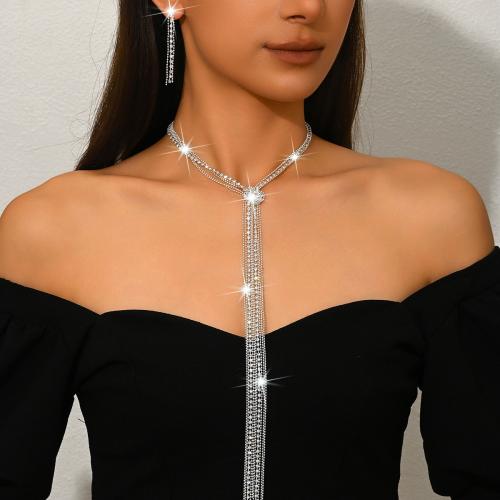 ottone set di gioielli fashion, orecchino & Collana, placcato color argento, 2 pezzi & per la donna & con strass, Venduto da set