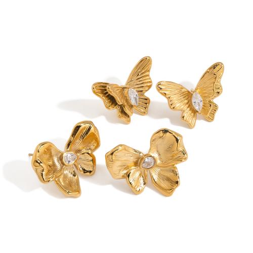 Stainless Steel Stud Earrings 304 Stainless Steel gold color plated fashion jewelry & micro pave cubic zirconia Sold By Pair