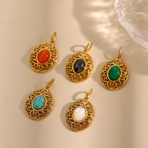 Gemstone Pendants Jewelry 304 Stainless Steel with Gemstone Round gold color plated DIY & hollow Sold By PC