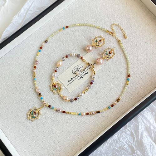 Natural Cultured Freshwater Pearl Jewelry Sets with Brass Baroque gold color plated fashion jewelry & micro pave cubic zirconia Sold By PC