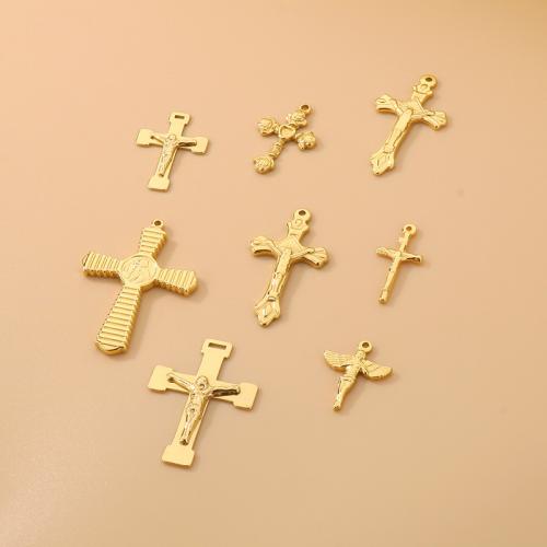 Nerezová ocel Cross Přívěsky, 304 Stainless Steel, Kříž, DIY, zlatý, 10PC/Bag, Prodáno By Bag