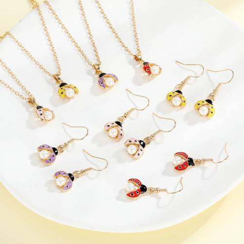 Zinc Alloy Jewelry Sets with Plastic Pearl Ladybug plated & for woman & enamel Sold By PC