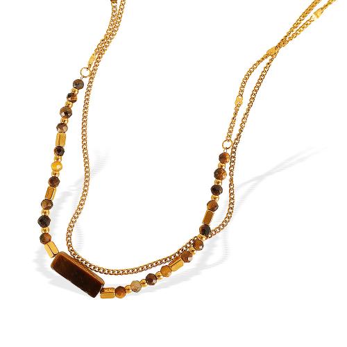 Stainless Steel Jewelry Necklace 304 Stainless Steel with Tiger Eye gold color plated Double Layer & fashion jewelry & for woman Sold By PC