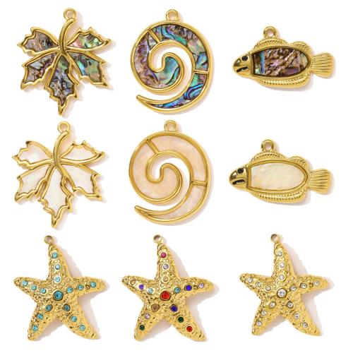 Stainless Steel Pendants 304 Stainless Steel with Shell gold color plated DIY & with rhinestone Sold By Bag