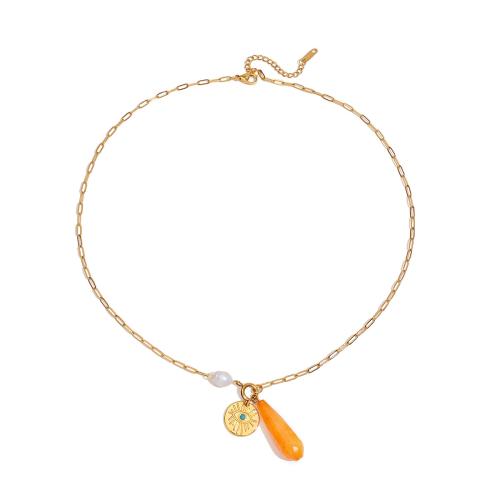 Natural Freshwater Pearl Necklace 304 Stainless Steel with Natural Stone & Freshwater Pearl 18K gold plated fashion jewelry & for woman Sold By PC