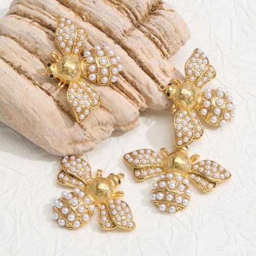Stainless Steel Animal Pendants 304 Stainless Steel with Plastic Pearl Bee gold color plated DIY golden Sold By Bag