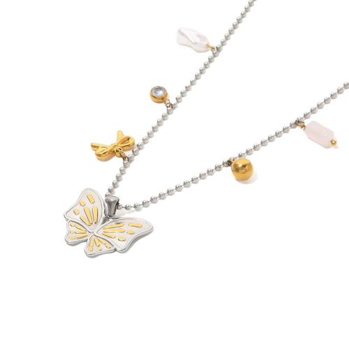 Stainless Steel Jewelry Necklace 304 Stainless Steel with Natural Stone & Plastic Pearl gold color plated fashion jewelry & with rhinestone golden Sold By PC