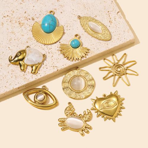Stainless Steel Pendants 304 Stainless Steel with Natural Stone & Cats Eye & Resin gold color plated DIY Sold By Bag