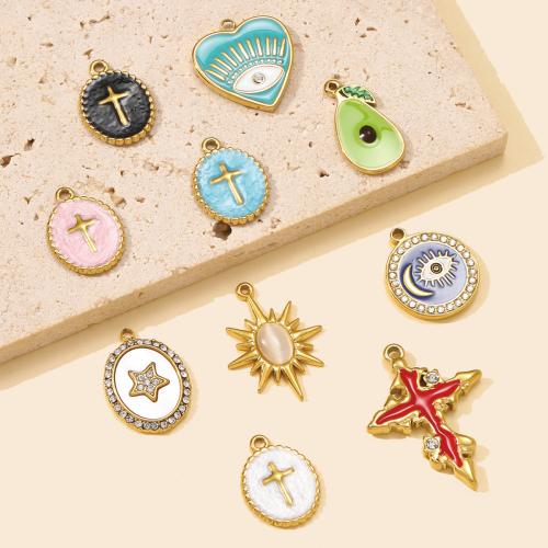 Stainless Steel Pendants 304 Stainless Steel with Cats Eye gold color plated DIY & enamel & with rhinestone Sold By Bag