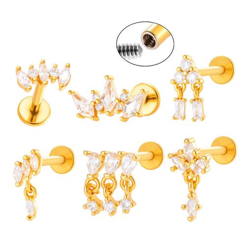 Titanium Alloy Stud Earring with Brass gold color plated fashion jewelry & micro pave cubic zirconia Sold By PC