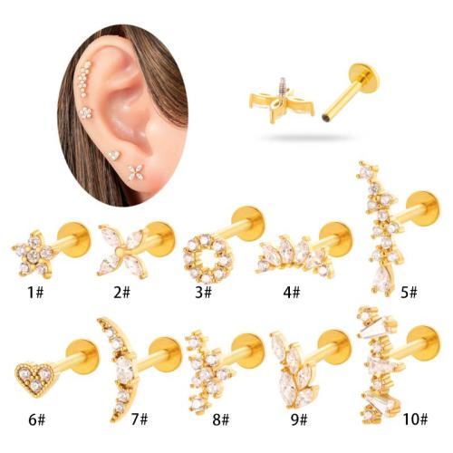 Titanium Alloy Stud Earring gold color plated fashion jewelry & micro pave cubic zirconia Sold By PC