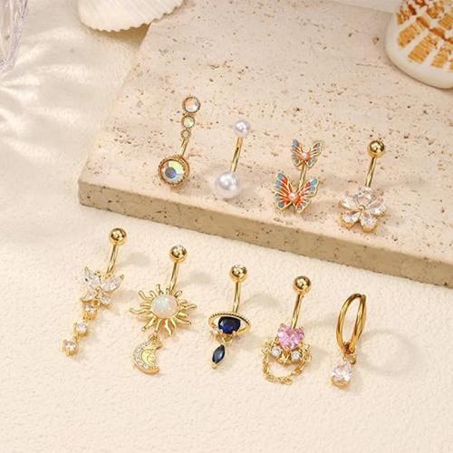 Acier inoxydable 304 anneau de ventre, avec perle de plastique, Placage, unisexe & styles différents pour le choix & pavé de micro zircon, belly ring length 20-40mm, Vendu par PC