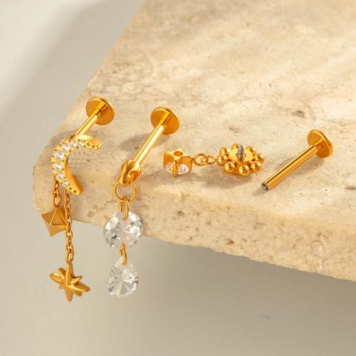 Titanium Alloy Piercing Earring gold color plated fashion jewelry & micro pave cubic zirconia Sold By PC