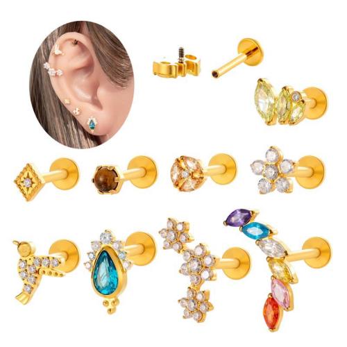 Titanium Alloy Piercing Earring gold color plated fashion jewelry & micro pave cubic zirconia Sold By PC