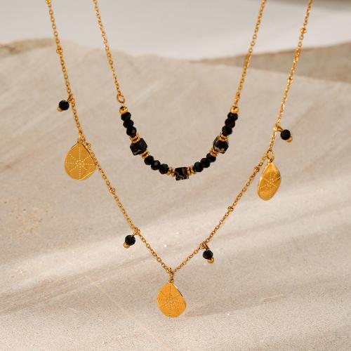 Stainless Steel Jewelry Necklace 304 Stainless Steel with Obsidian 18K gold plated Double Layer & for woman Sold By PC