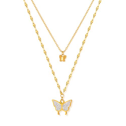 Collier de bijoux en acier inoxydable, Acier inoxydable 304, Placage, Double couche & pour femme & avec strass, doré, Vendu par PC