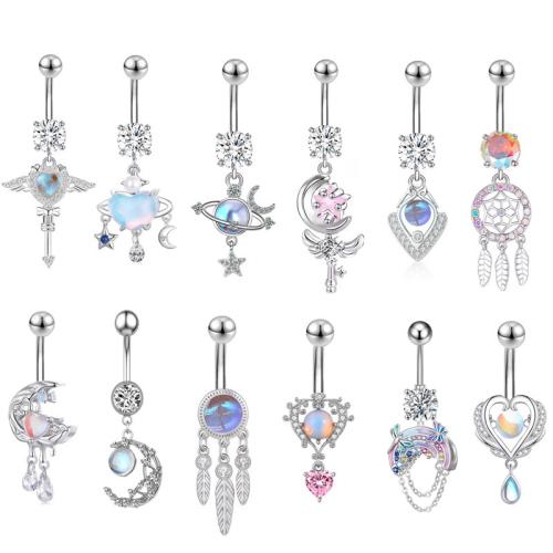 Acier inoxydable 304 anneau de ventre, avec Oeil de chat, Placage, unisexe & styles différents pour le choix & avec strass, belly ring rod size 1.6x10mm, Vendu par PC
