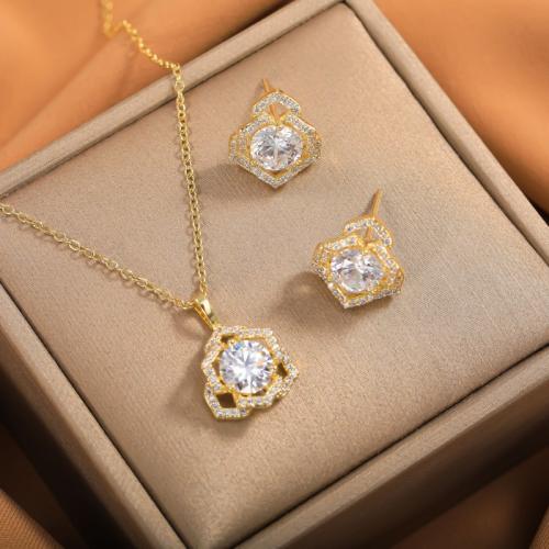 metal Conjunto de joya, Pendiente de stud & collar, Flor, chapado, 2 piezas & para mujer & con diamantes de imitación, más colores para la opción, necklace length 17inch, earring size 11.5x11.5mm, Vendido por Set