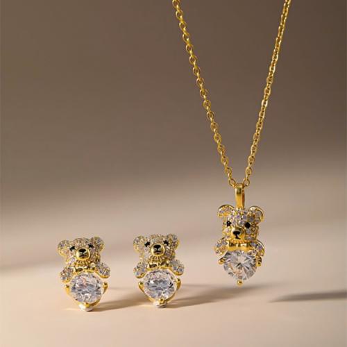 Brass Jewelry Set Stud Earring & necklace Bear plated 2 pieces & for woman & with rhinestone Sold By Set