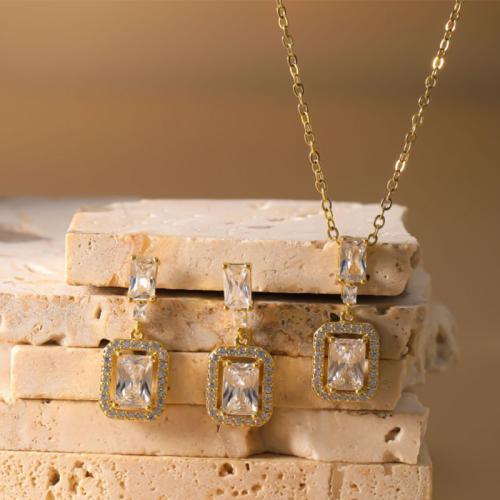 ottone set di gioielli fashion, orecchino & Collana, Motivo geometrico, placcato, 2 pezzi & per la donna & con strass, nessuno, Venduto da set