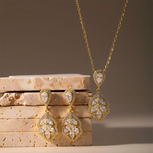 ottone set di gioielli fashion, orecchino & Collana, placcato, 2 pezzi & per la donna & con strass, nessuno, Venduto da set