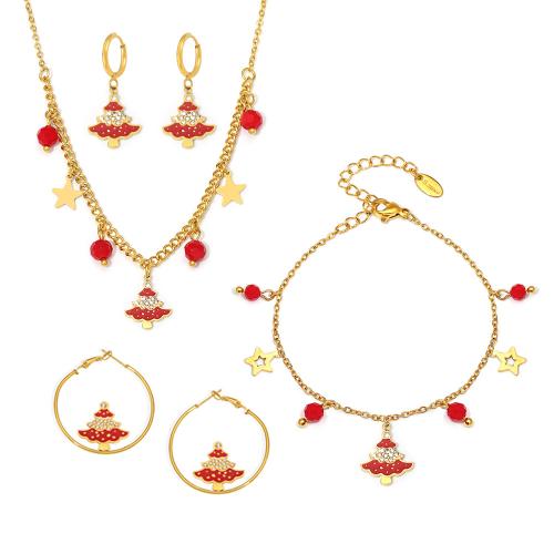 Enamel Stainless Steel Jewelry Set 304 Stainless Steel with Garnet plated Christmas Design & micro pave cubic zirconia & for woman golden Sold By PC