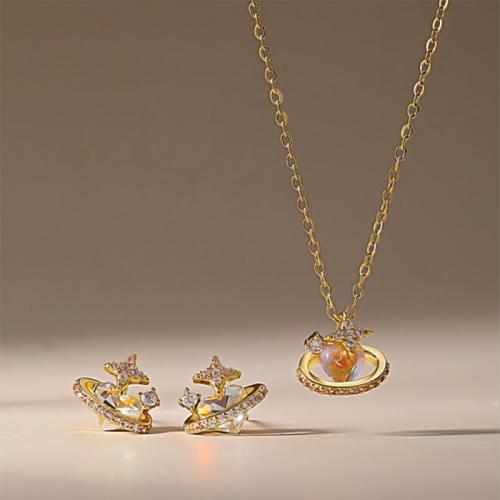 ottone set di gioielli fashion, Orecchino a bottone & Collana, placcato, 2 pezzi & per la donna & con strass, nessuno, Venduto da set