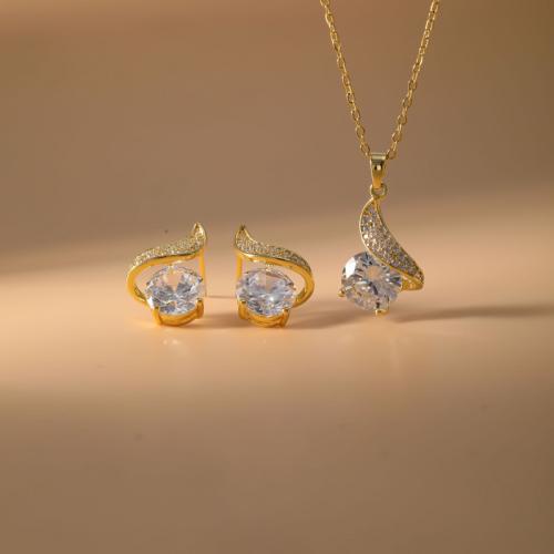 ottone set di gioielli fashion, Orecchino a bottone & Collana, placcato, 2 pezzi & per la donna & con strass, nessuno, Venduto da set