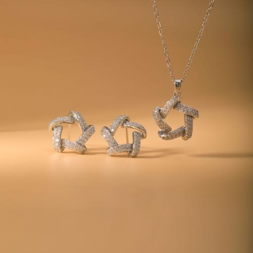 ottone set di gioielli fashion, Orecchino a bottone & Collana, placcato, 2 pezzi & per la donna & con strass, Venduto da set