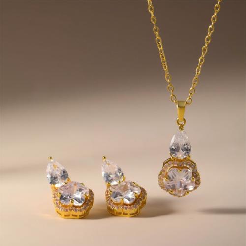 ottone set di gioielli fashion, orecchino & Collana, placcato, 2 pezzi & per la donna & con strass, nessuno, Venduto da set