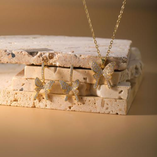 ottone set di gioielli fashion, orecchino & Collana, Farfalla, placcato, 2 pezzi & per la donna & con strass, nessuno, Venduto da set