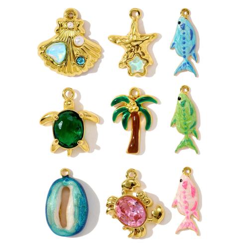 Stainless Steel Pendants 304 Stainless Steel gold color plated DIY & micro pave cubic zirconia & enamel & with rhinestone golden Sold By Bag