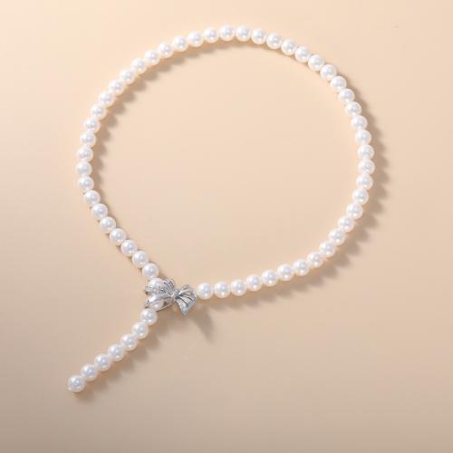 metal collar, con Perlas plásticas, Lazo, chapado, micro arcilla de zirconia cúbica & para mujer, plateado, plastic pearl size 8mm, longitud aproximado 17 Inch, Vendido por UD