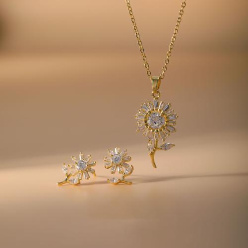 metal Conjunto de joya, Pendiente de stud & collar, Girasol, chapado, 2 piezas & micro arcilla de zirconia cúbica & para mujer, más colores para la opción, necklace length 17inch, earring size 12x8mm, Vendido por Set