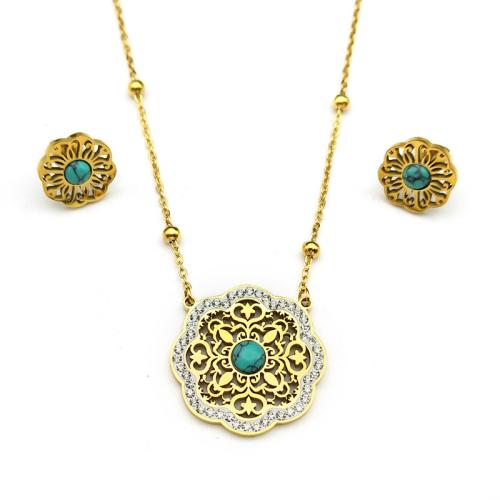 Rhinestone Stainless Steel Jewelry Set Stud Earring & necklace 304 Stainless Steel with Turquoise Flower plated 2 pieces & for woman & with rhinestone & hollow golden Sold By Set