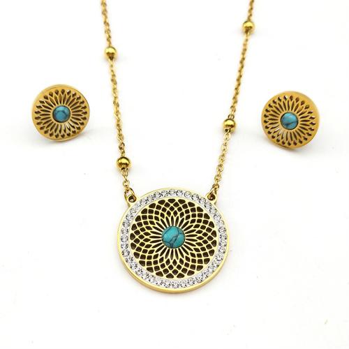 Rhinestone Stainless Steel Jewelry Set Stud Earring & necklace 304 Stainless Steel with Turquoise Round plated 2 pieces & for woman & with rhinestone & hollow golden Sold By Set