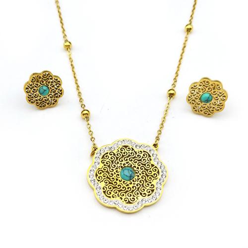 Rhinestone Stainless Steel Jewelry Set Stud Earring & necklace 304 Stainless Steel with Turquoise Flower plated 2 pieces & for woman & with rhinestone & hollow golden Sold By Set