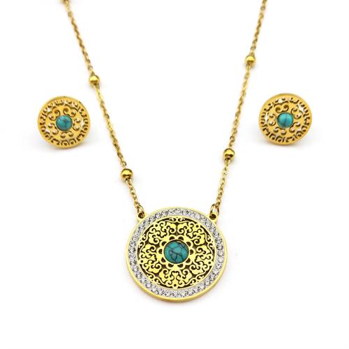Rhinestone Stainless Steel Jewelry Set Stud Earring & necklace 304 Stainless Steel with Turquoise Round plated 2 pieces & for woman & with rhinestone & hollow golden Sold By Set