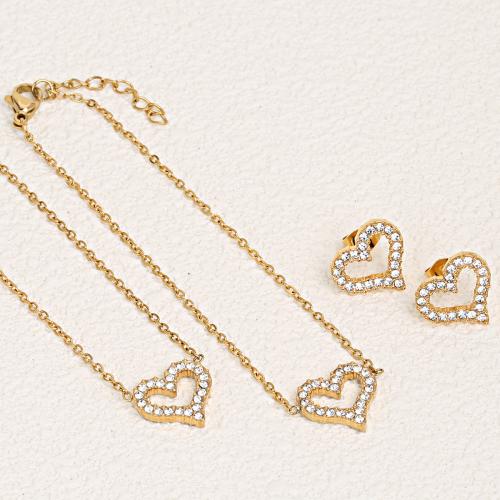 Rhinestone nerūdijančio plieno juvelyrikos rinkinys, Stud auskarai & apyrankė & karoliai, 304 Nerūdijantis plienas, padengtą, trys vienetai & moters & su Kalnų krištolas & tuščiaviduris, daugiau spalvų pasirinkimas, Pardavė nustatyti