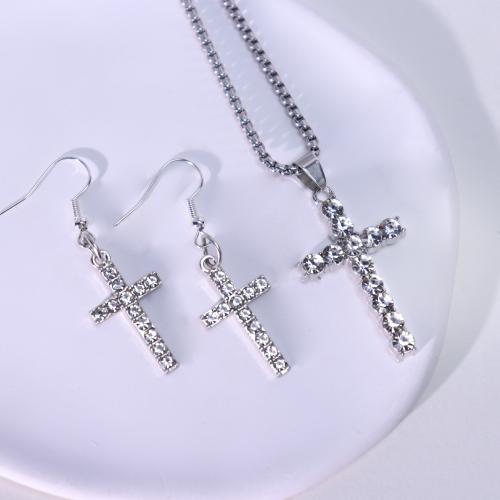 Zinc Alloy Jewelry Sets earring & necklace Cross gold color plated fashion jewelry & with rhinestone Sold By PC